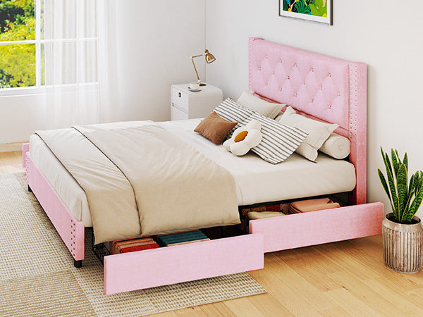 Full Size Bed Frame With Upholstered Button Tufted Headboard Wood Slat Support Metal Platform Bed Frame With 4 Drawers No Box Spring Needed Easy Assembly For Home