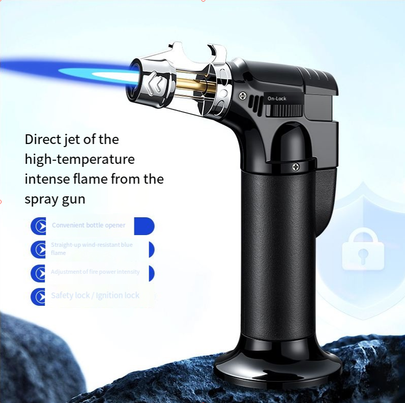 Black Straight-stream Spray Gun With Built-in Bottle Opener, Lighter, Windproof Cigar Holder, Outdoor Portable Barbecue And Baking Kit.