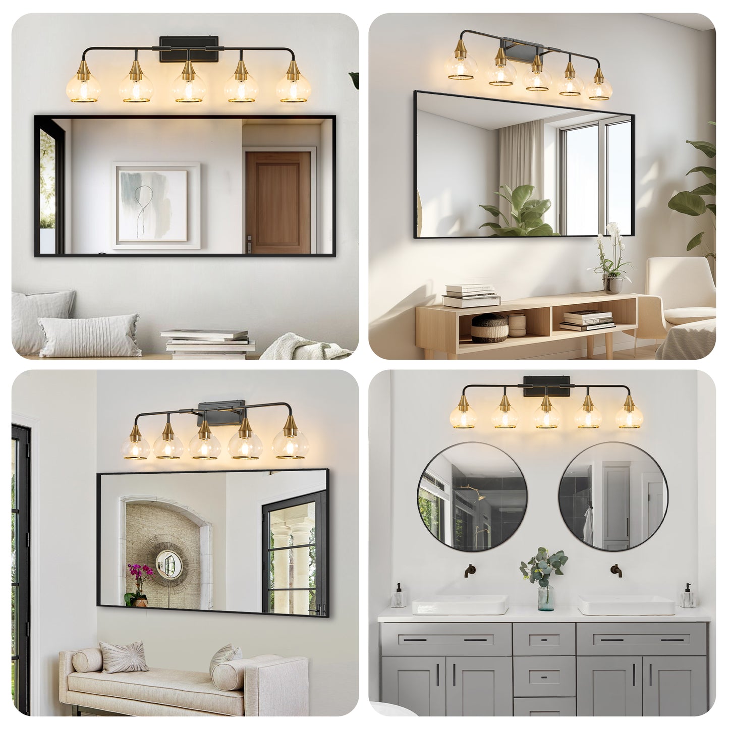 40in Modern 5-Light Vanity Wall Sconce - Black And Gold Bathroom Light Fixture With Clear Glass Shades, Industrial Wall Mounted Lamp For Mirror, Vanity, And Living Spaces  Bulb Not Included