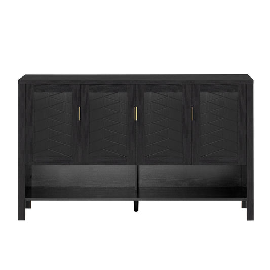 U-STYLE 55.1 Storage Sideboard With 4- Doors Multi Functional Buffet With Open Shelf And 2- Tiers Adjustable Shelves Modern Cabinet With Double Hooks Suitable For Living Room  Hallway  Dining Office.