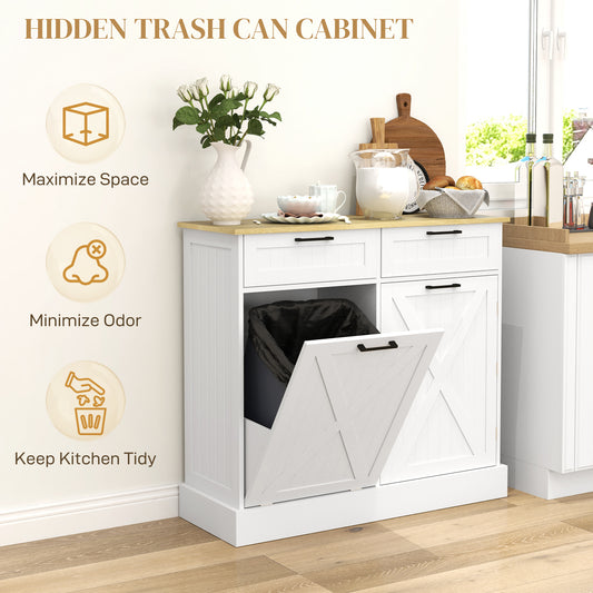 10 Gallon Farmhouse Kitchen Cabinet With Hidden Trash Can And 2 Drawers, Tilt Out Trash Can Cabinet For Kitchen, White