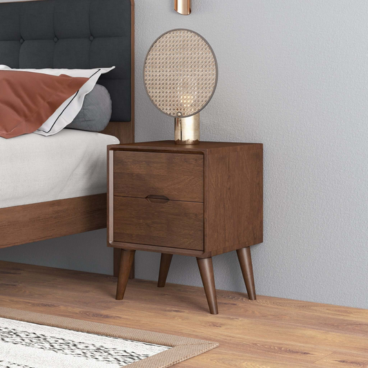 Alexandra Mid-Century Modern Night Stand With 2 Drawers In Walnut Brown Solid Wood 24.8  H X 17.7  W X 15.7  D