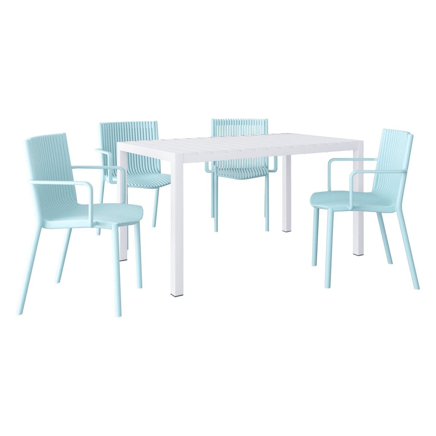 Holiday - 4pcs Light Blue Stackable PP Armchair For Indoor Outdoor Use  Ergonomic Slatted Back With 55 Inch White Modern Long Table - Indoor Outdoor- Lightweight PP Tabletop With Metal