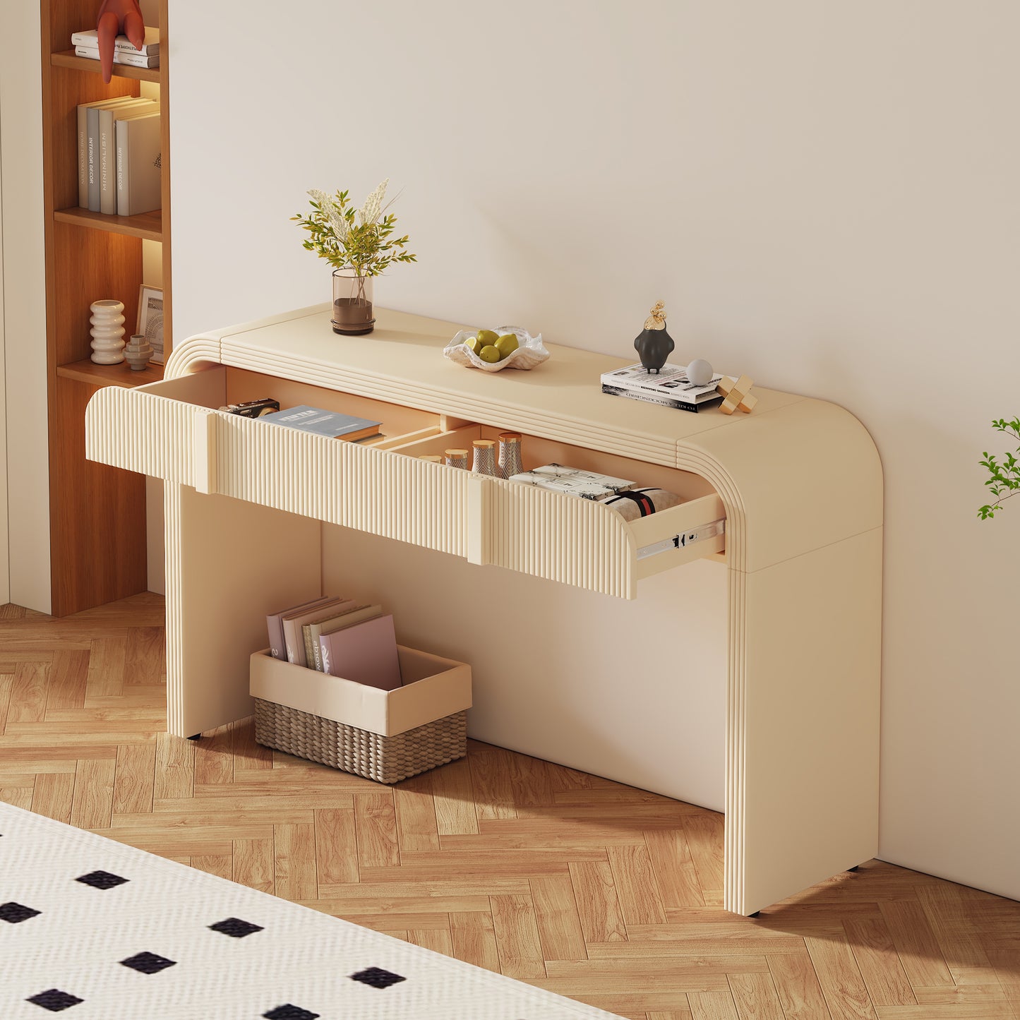 TREXM Modern Console Table With 2 Storage Drawers  Fluted Entryway Table With Rounded Silhouette For Hallway Living Room And Entryway  Apricot Cream