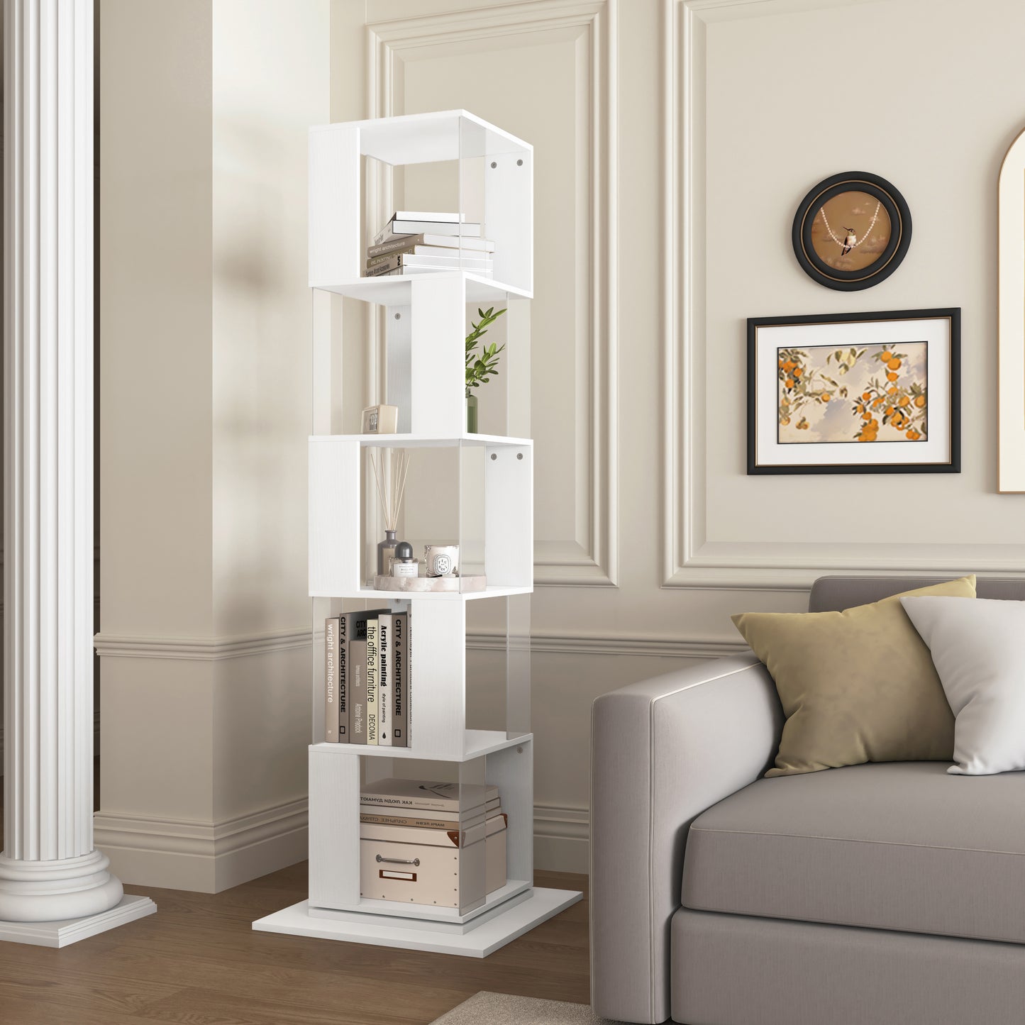 360 Rotating Bookshelf With Acrylic Plate, 5-Tier Tall, Floor Rack Simple Bookcase, Modern Display Shelf For Living Room Home Office Bedroom