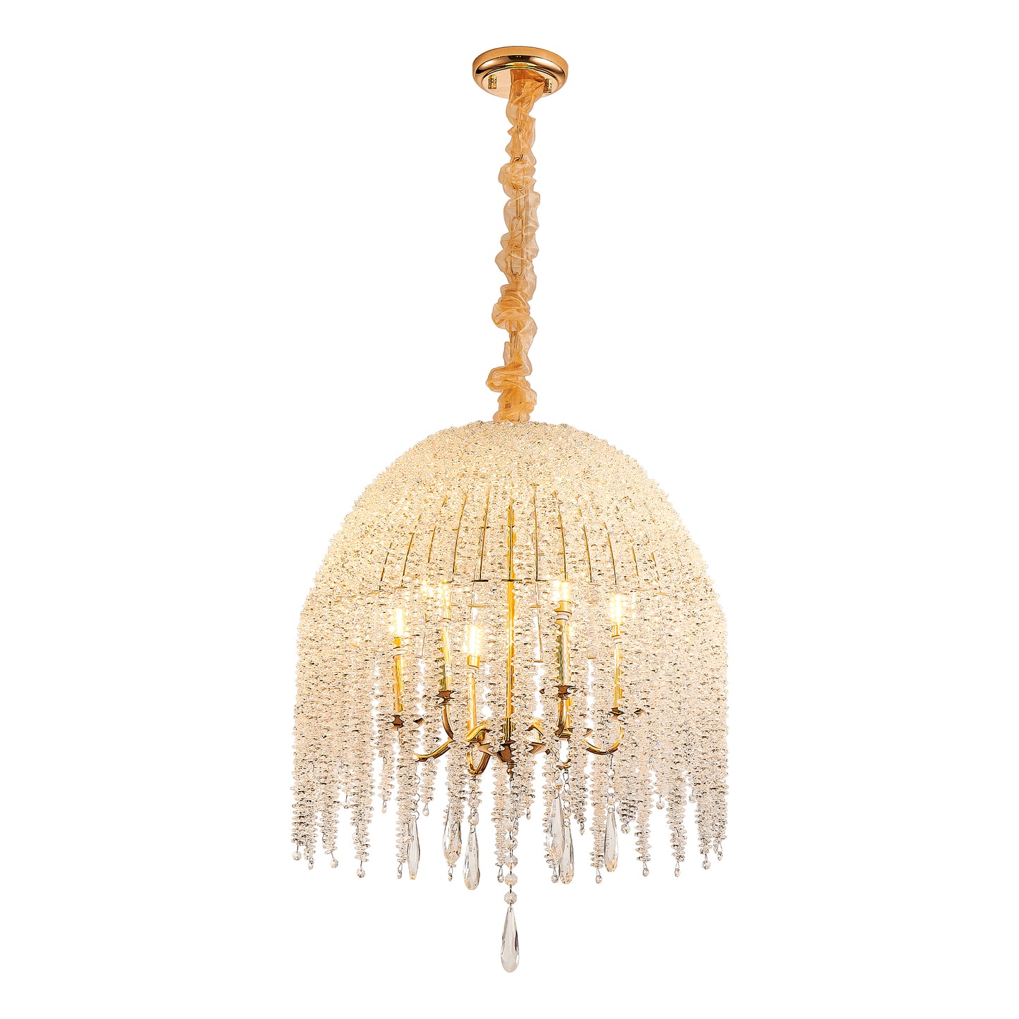 20 Inch 6 Light K9 Crystal Pendant Light Chandelier  Elegant Waterfall Design With Cascading Crystal Bead Strings And Gold Finish For Living Room, Bedroom, Or Dining Area Bulb Not Included