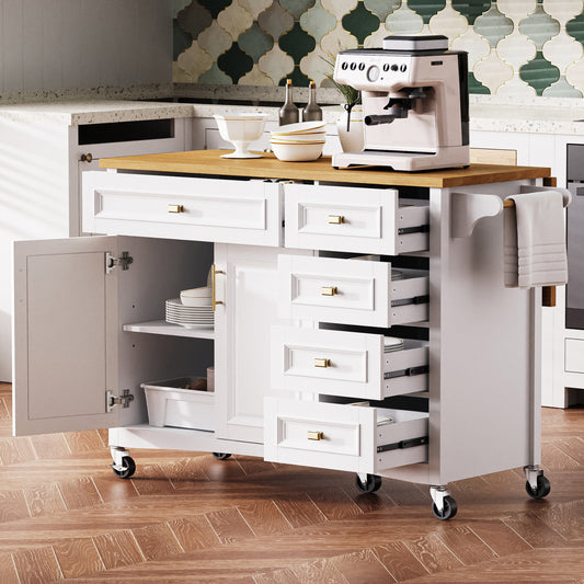 K&K 52  Kitchen Island With Drop Leaf, Embossed Texture Kitchen Island On Wheels With Spice Rack, Towel Rack, 2 Doors And 5 Drawers, Kitchen Storage Cart With Adjustable Shelf For Kitchen, White