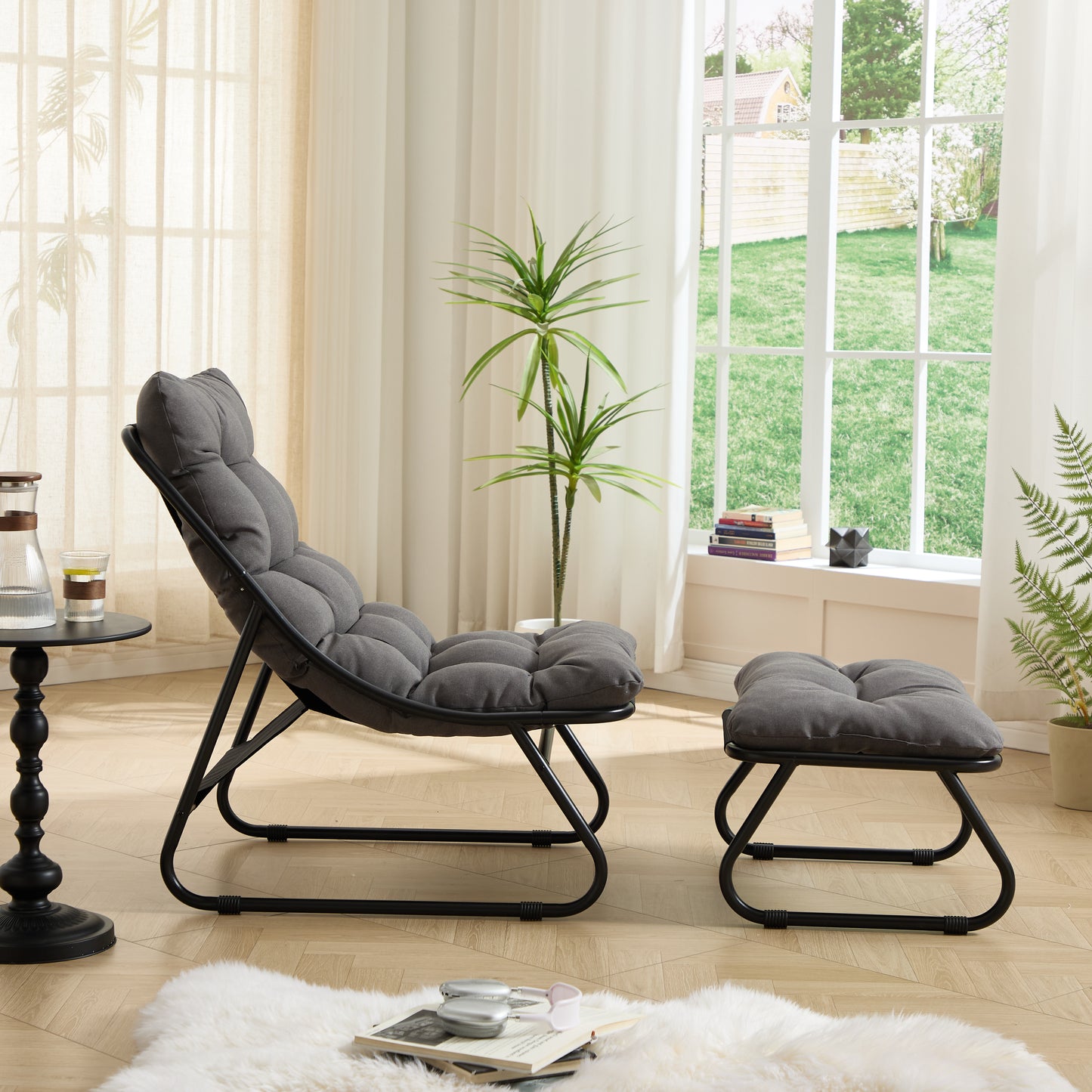 Patio Outdoor Lounge Chair With Ottoman, Comfy Sling Recliner Chair With Puffy Cushion And Foot Stool, Ideal For Living Room, Bedroom, Reading Room, Black Frame With Grey Cushion