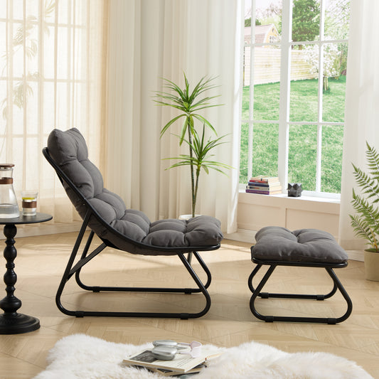 Patio Outdoor Lounge Chair With Ottoman, Comfy Sling Recliner Chair With Puffy Cushion And Foot Stool, Ideal For Living Room, Bedroom, Reading Room, Black Frame With Grey Cushion