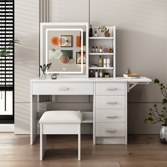 Fashion Vanity Desk With Mirror And Lights For Makeup With Open Shelves And Chair, Vanity Mirror With Lights And Table Set With 3 Color Lighting Brightness Adjustable, 5 Drawers, White Color