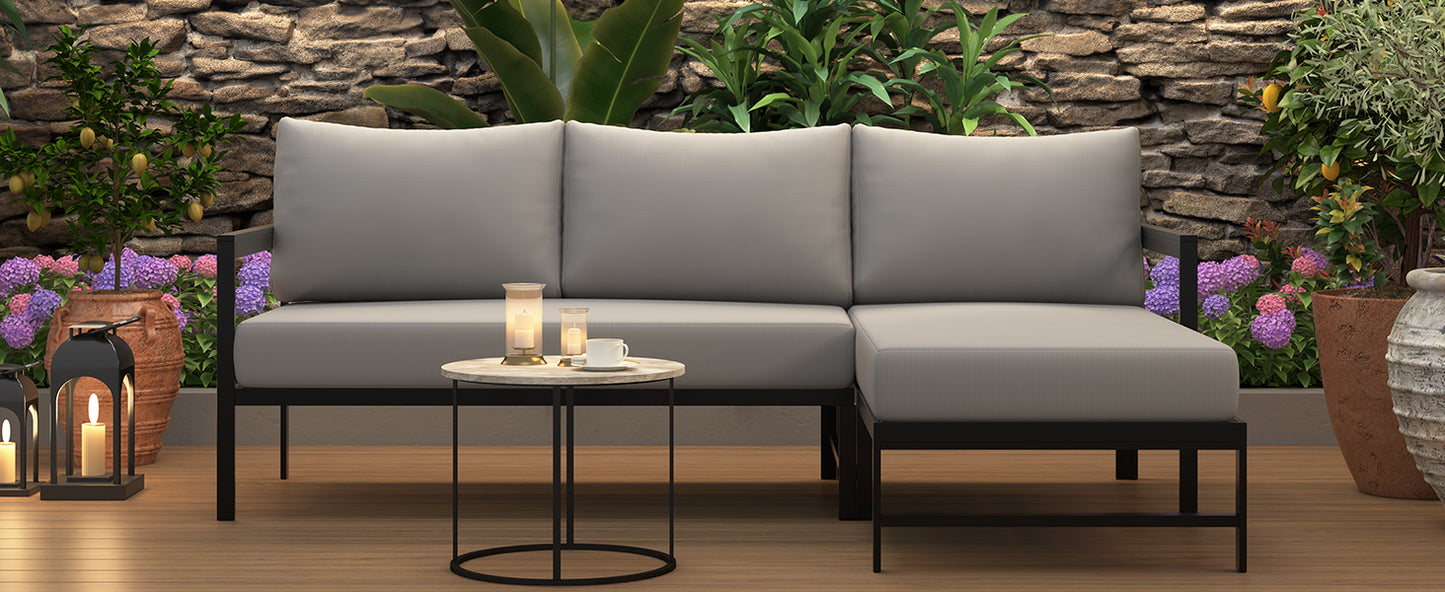 U-style Outdoor L- Shaped Sofa With Iron Frame Weather- Resistant Patio Sofa Set With Ultra- Thick Cushions Comfortable Seating For 3 Ideal For Patio  Balcony And Garden