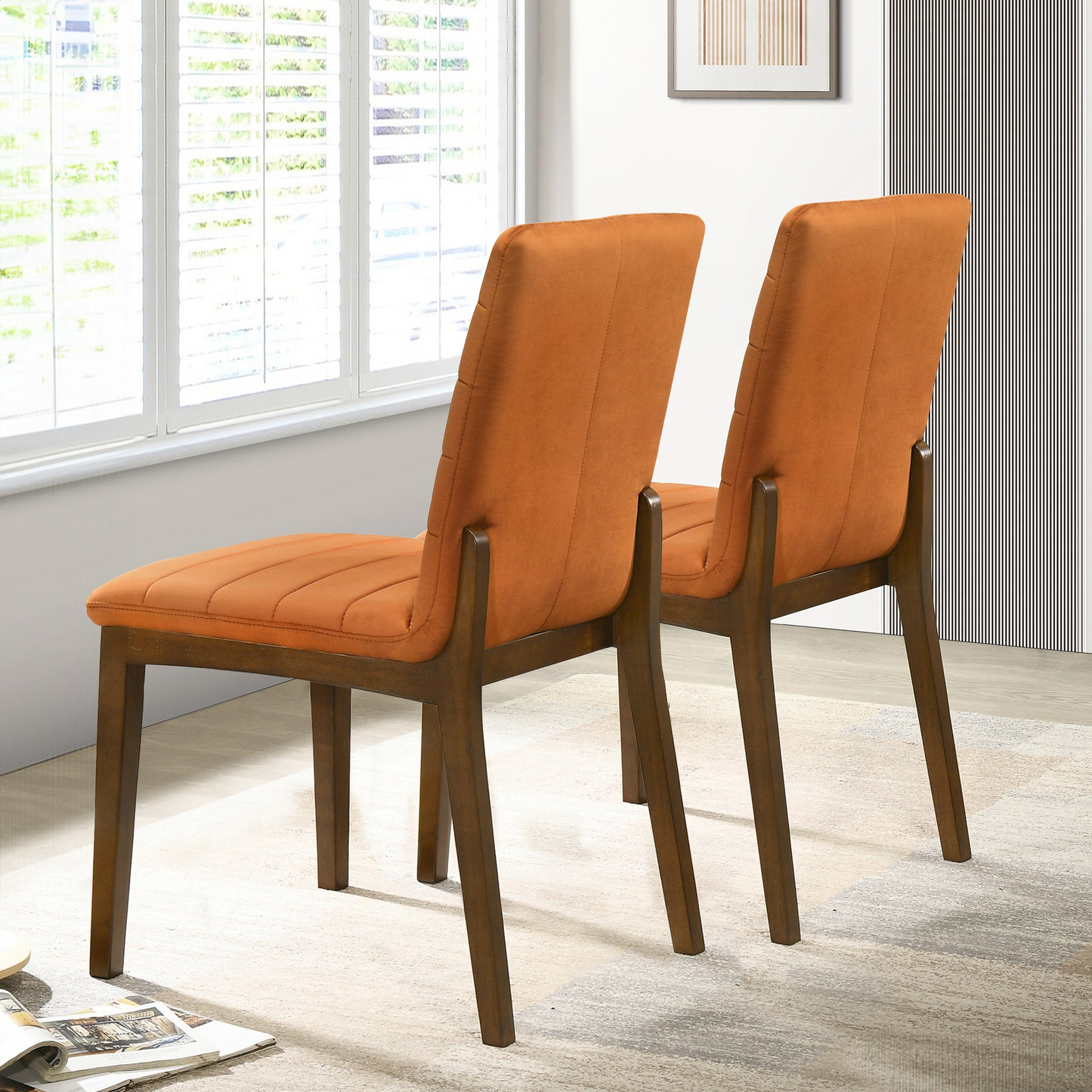 Ines Mid-Century Modern Burnt Orange Velvet Dining Chair Set With Walnut Solid Wood Base 35.8  H X 18.9  W X 24  D