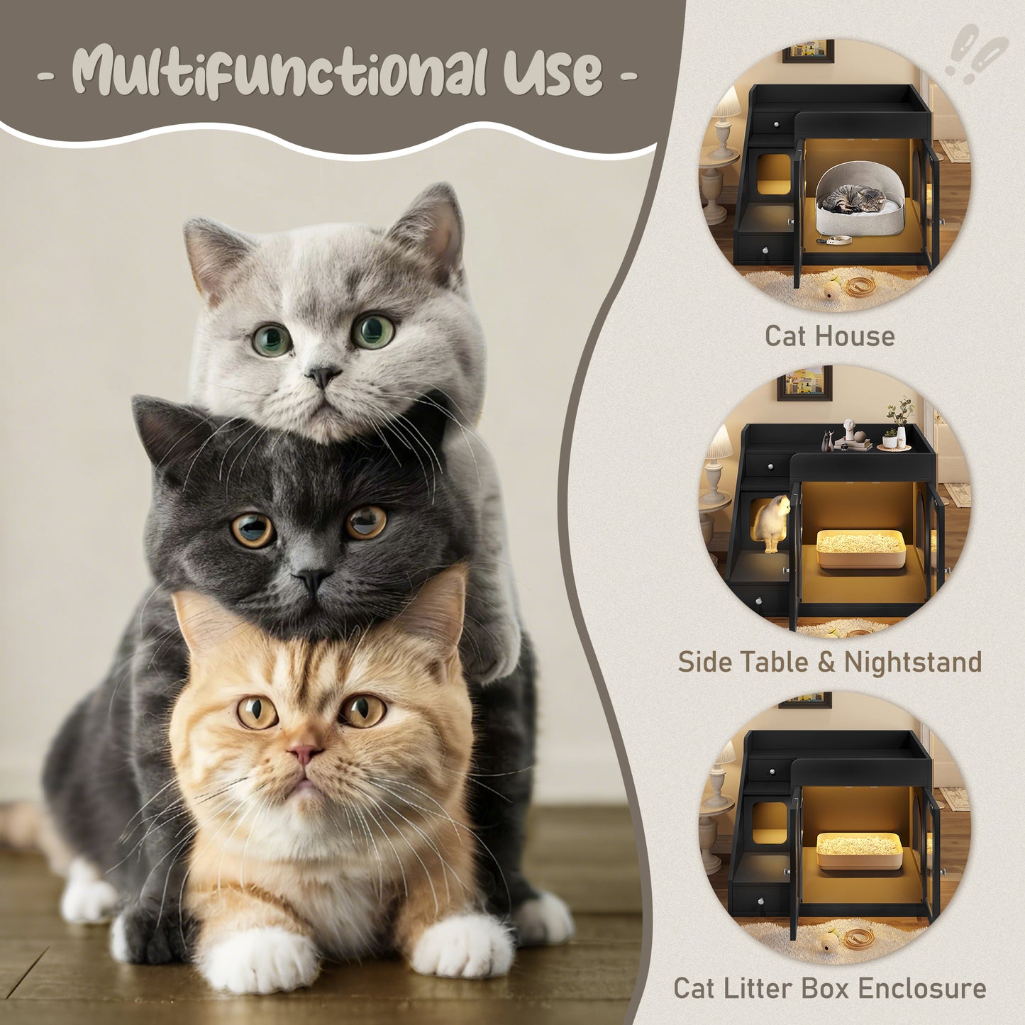 GO Cat Litter Box Enclosure With  Light , Hidden Litter Box Furniture With 2 Storage Drawers, Indoor Cat House Side Table For Living Room, Black
