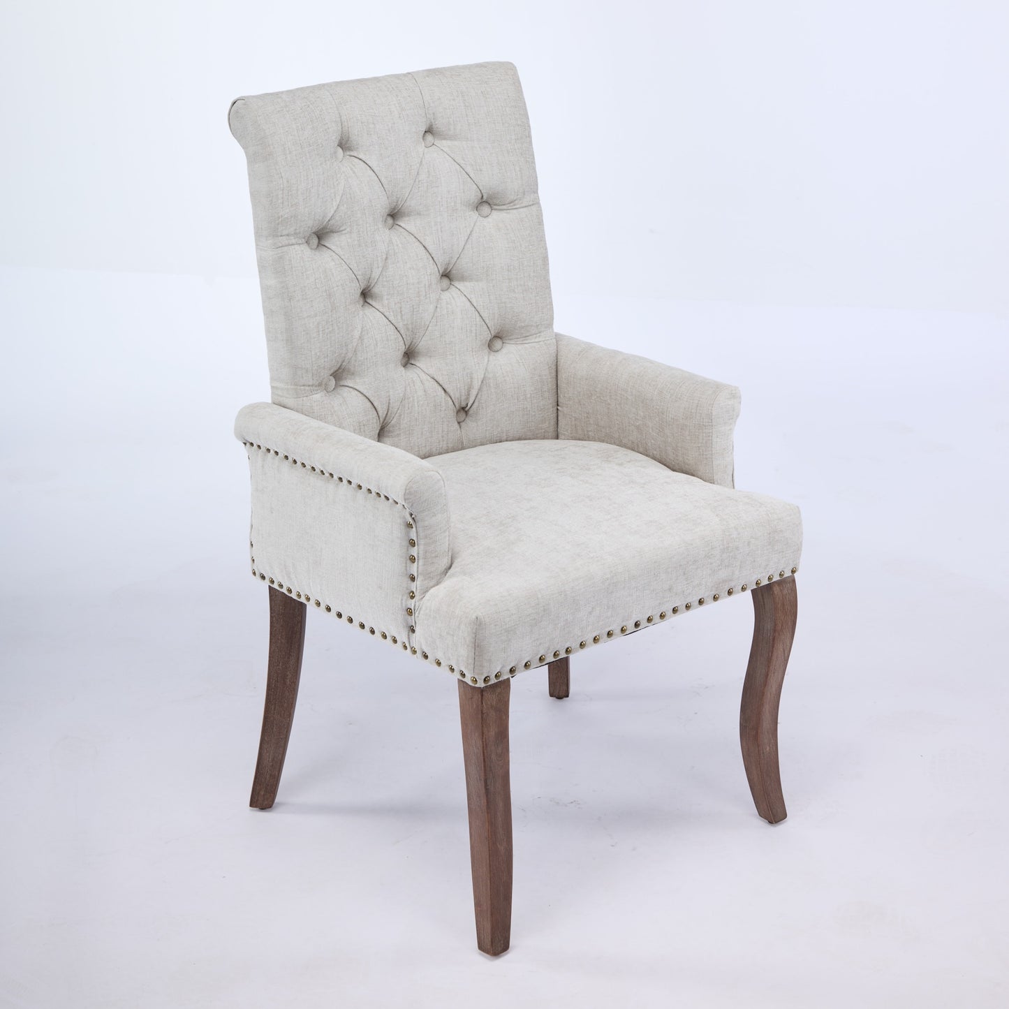 Upholstered Chenille Fabric Accent Dining Chair, Curved Solid Wood Legs, Elegant Tufted Club Dining Room Kitchen Room Arm Dining Chair, Single Pack,Beige,SW1895BG