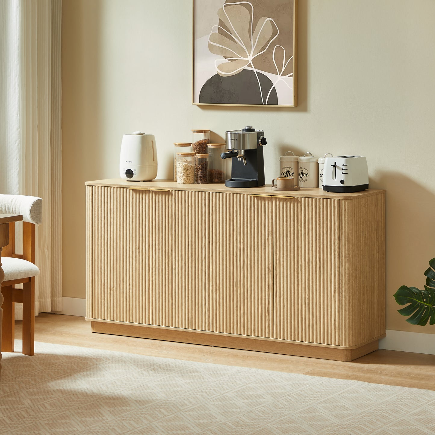 63  Vertical Stripe Buffet Cabinet Sideboard With Stoarge, Curved Wave Design, TV Stand, For Bedroom, Living Room, Hallway, Oak,63 W X 15.75 D X 31.5 H.