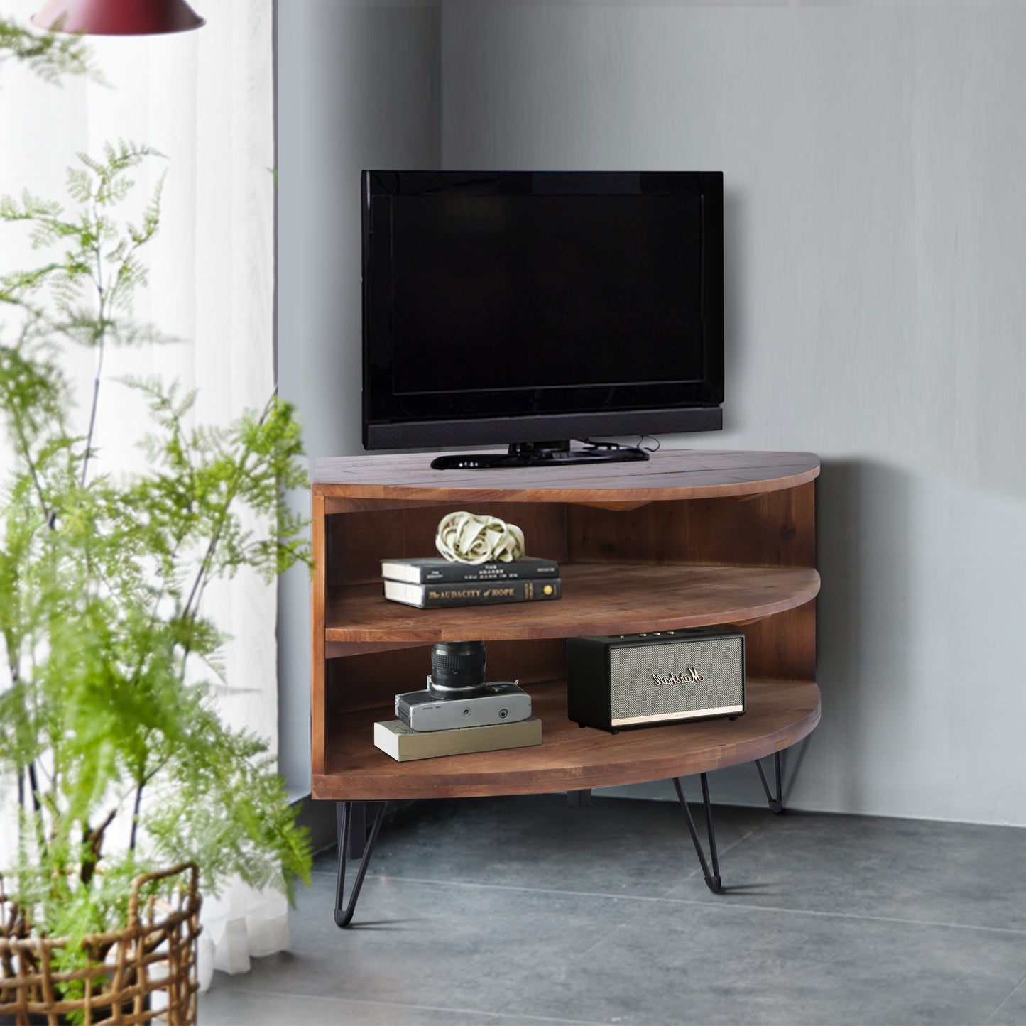 Fan Shape Reclaimed Wood Corner Media Table For Living Room Wise Use Your Space