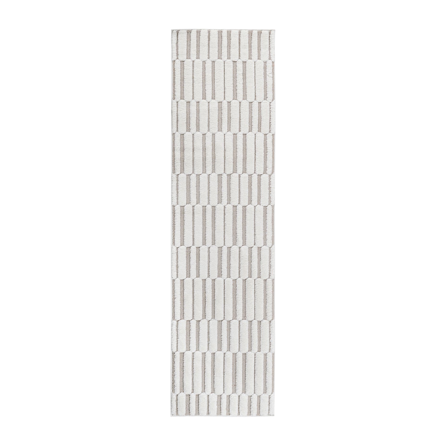 Step Collection High-Low Striped Beige Cream Indoor Runner Rug, 2'2''x8', Modern, Contemporary, Geometric, Bohemian, Bedroom, Kitchen, Living Room, Hallway, Non Shedding Carpet