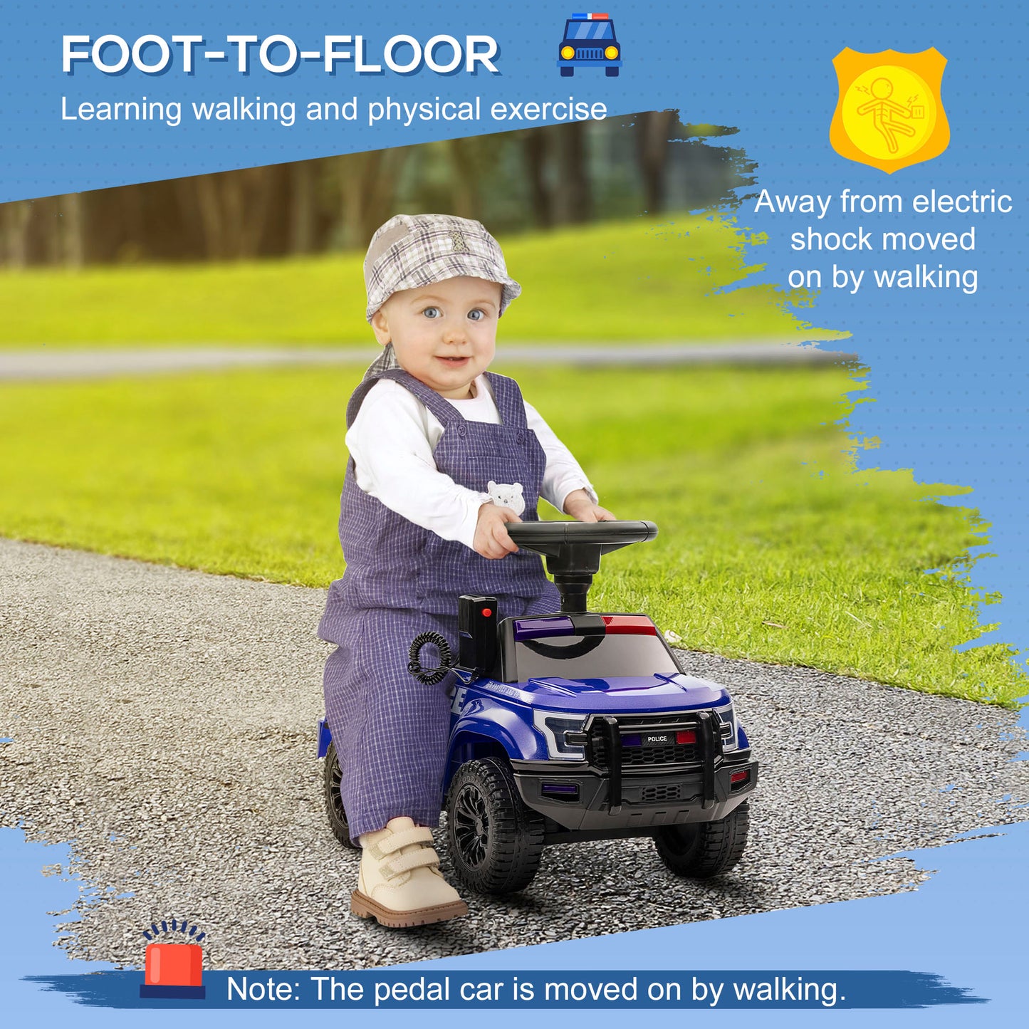 Kids Push Ride On Car With Working PA System And Horn, Police Truck Style  Foot-to-Floor Sliding Car For Boys And Girls With Under-Seat Storage, For 18 Months To 5 Years Old, Blue