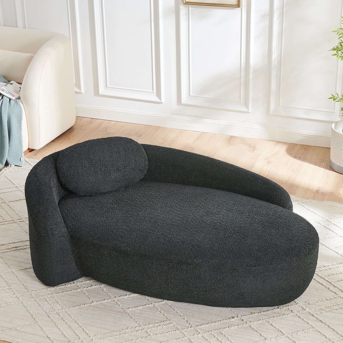 Modern Oval Single Lazy Sofa Chair With Integrated Backrest, Side Armrest And Pillow, Compact Space-Saving Lounge Chair For Living Room Bedroom-Black