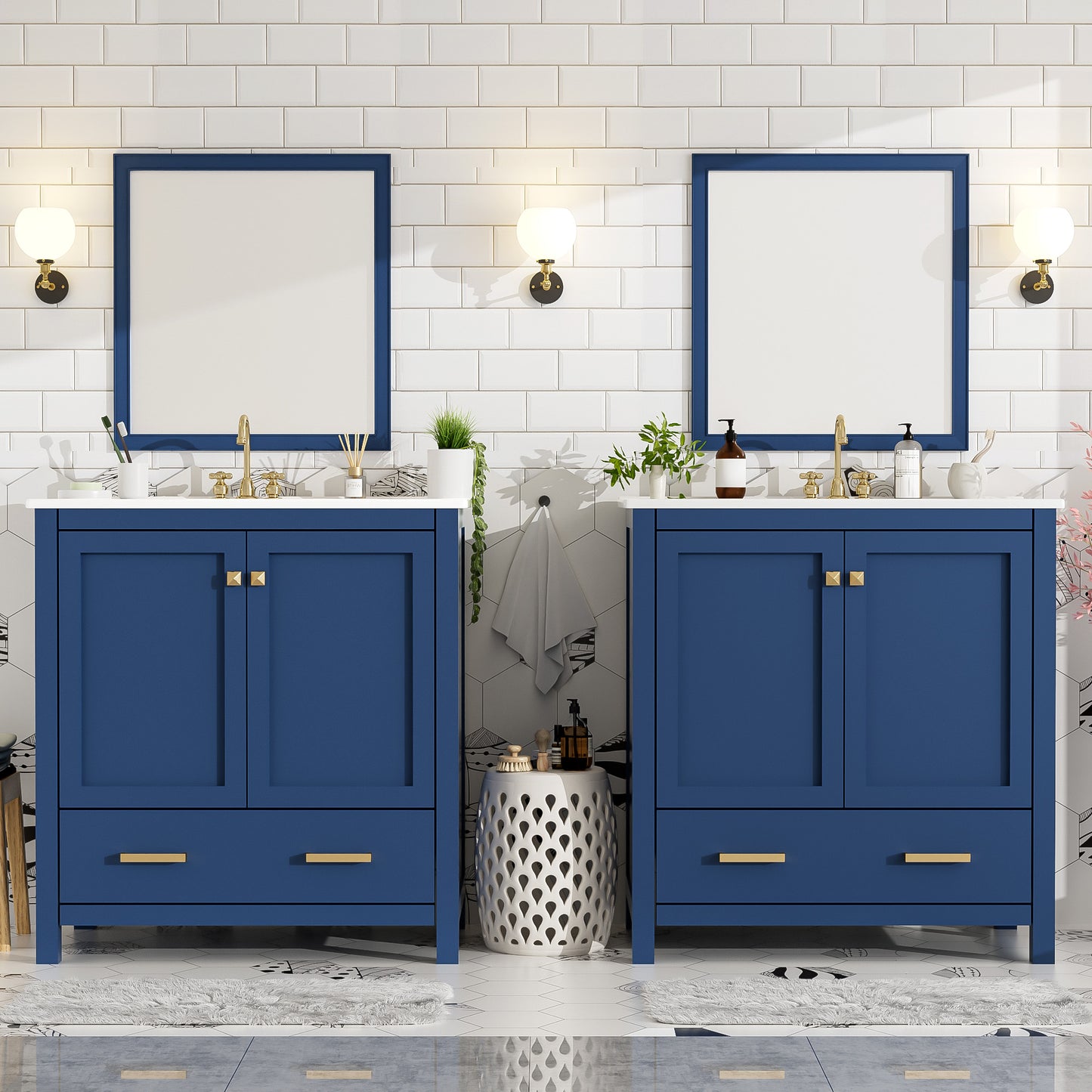 60  Blue Bathroom Vanity Set With Double Vanities  Separate , Double Ceramic Sinks, Storage Shelf, And Divided Drawers   Mirror Not Included  Modern Bathroom Solution For Spacious Bathrooms