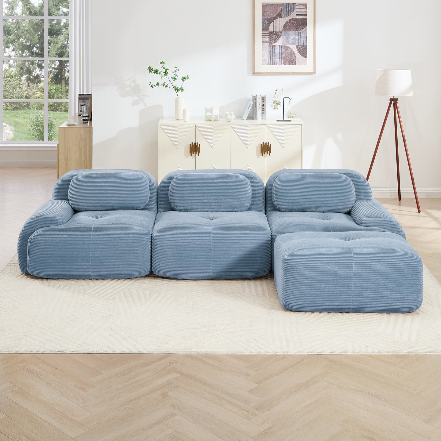 L-shaped Modular Sofa No Assembly Ergonomic Design Pet-friendly LuxuryCorduroy Fabric Fabric Extra-wide Curved Armrests 32D High-resilience Sponge For Living Rooms Bedroom,Blue