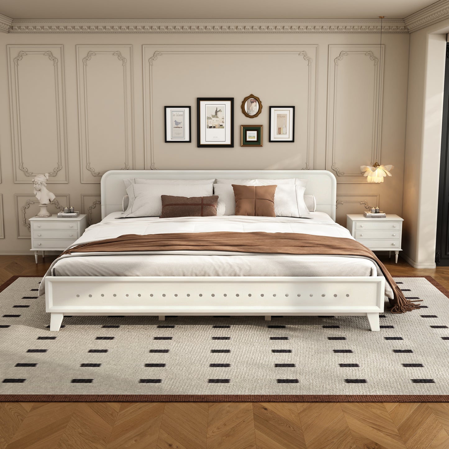 PINE SOLID WOOD KING SIZE BED, SOLID AND STABLE, NO BOX SPRING NEEDED, WHITE COLOR