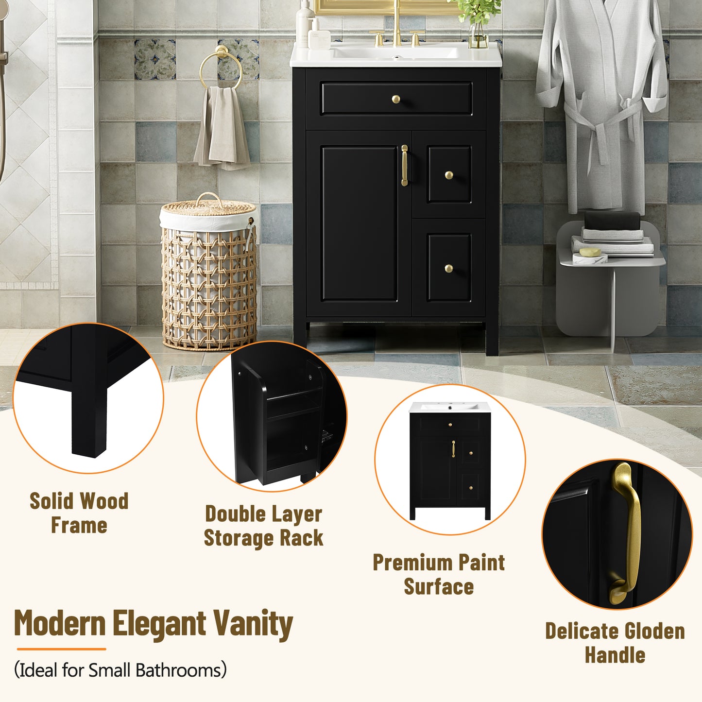 24-Inch Bathroom Vanity With Ceramic Sink, 1 Soft Close Door, 2 Soft Close Drawers, And Double Storage Racks On The Door