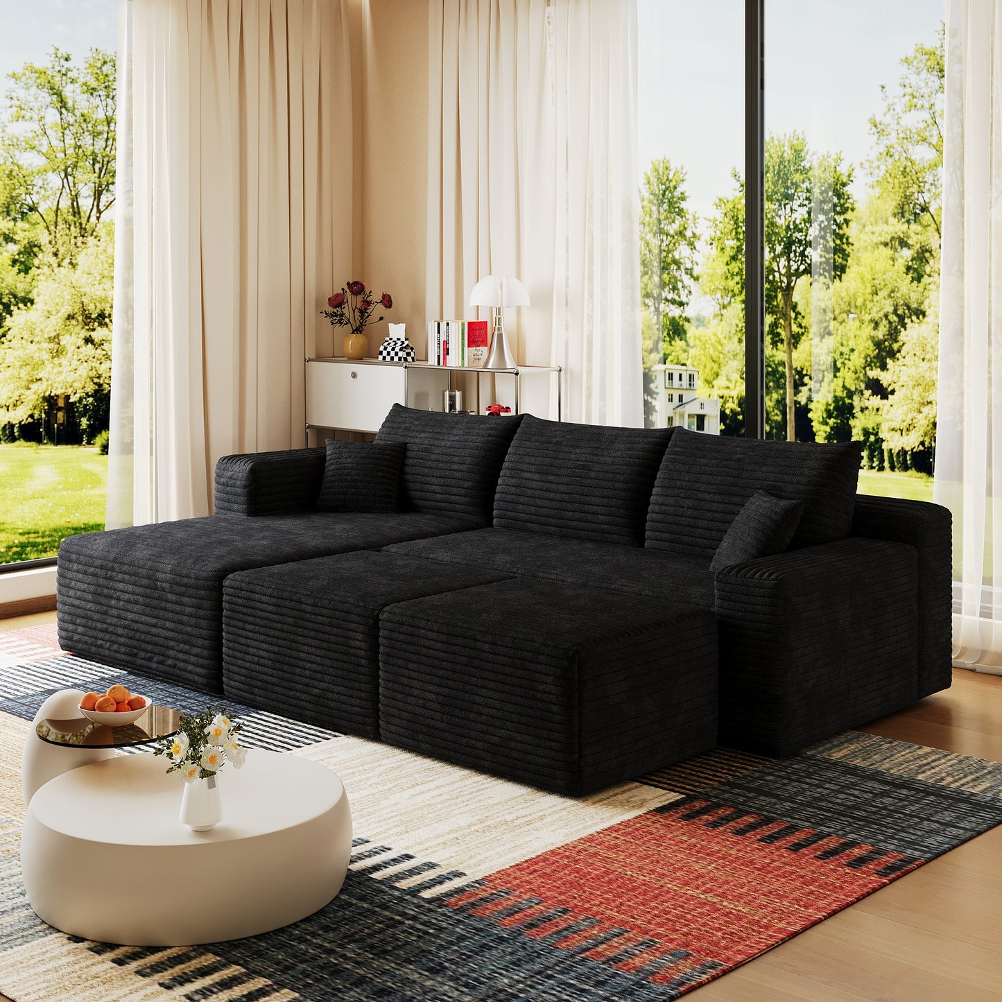 95  Cloud Sectional Sofa With 2 Ottoman,Modern Minimalist Upholstered Couches, Comfort U Shaped Sofa For Living Room,Deep Seat Corner Couch,No Assembly Required,Black  Plush Corduroy Fabric