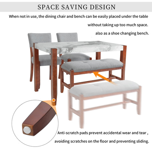 4-Piece Dining Set, 1 Marble-Look Table With 2 Upholstered Chairs And 1 Bench With Solid Rubber Wood Legs, Padded Seat, Curved Backrest, Space-Saving, Dining Room, Gray
