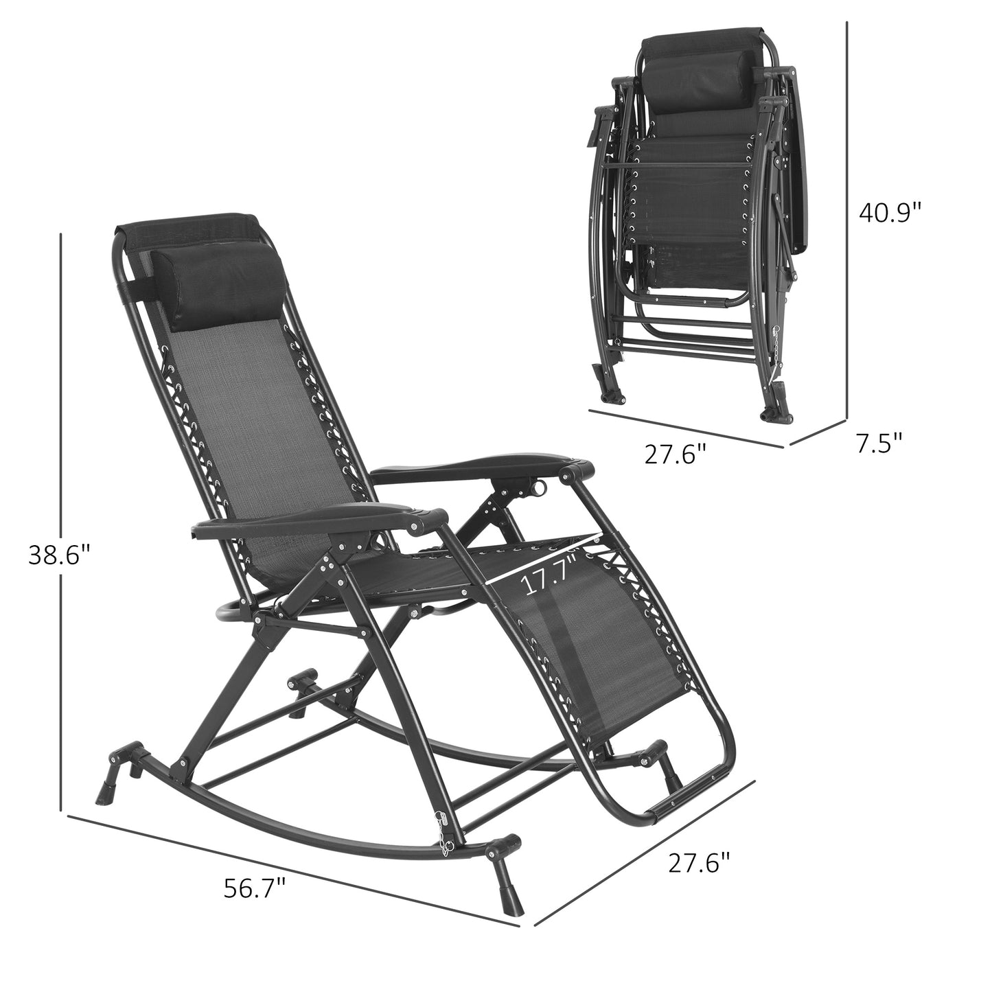 Outdoor Rocking Chairs, Foldable Reclining Zero Gravity Lounge Rocker With Pillow, Cup & Phone Holder, Combo Design With Folding Legs, Gray