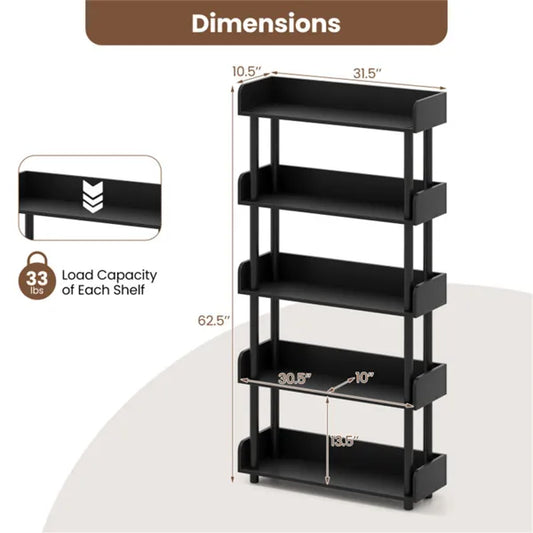 5-Tier Anti-Tipping Open Bookcase With Elevated Legs, Black Display Rack For Home Office