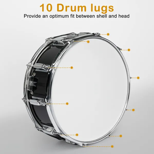 14 X 5.5in Snare Drum Set With Drumstick Holder, Snare Drum Bag, Strap, Mute Pad & Drum Stick For Beginner Student Black