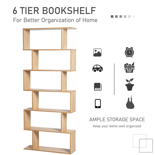 75.5" H Bookcase 6 Shelf S-Shaped Bookshelf Wooden Storage Display Stand Shelf Organizer Free Standing, Oak