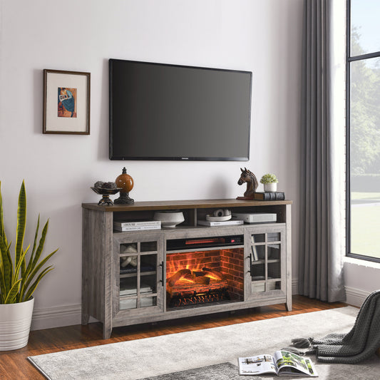 55 Inch TV Media Stand With Electric Fireplace KD Inserts Heater,Gray Wash Color