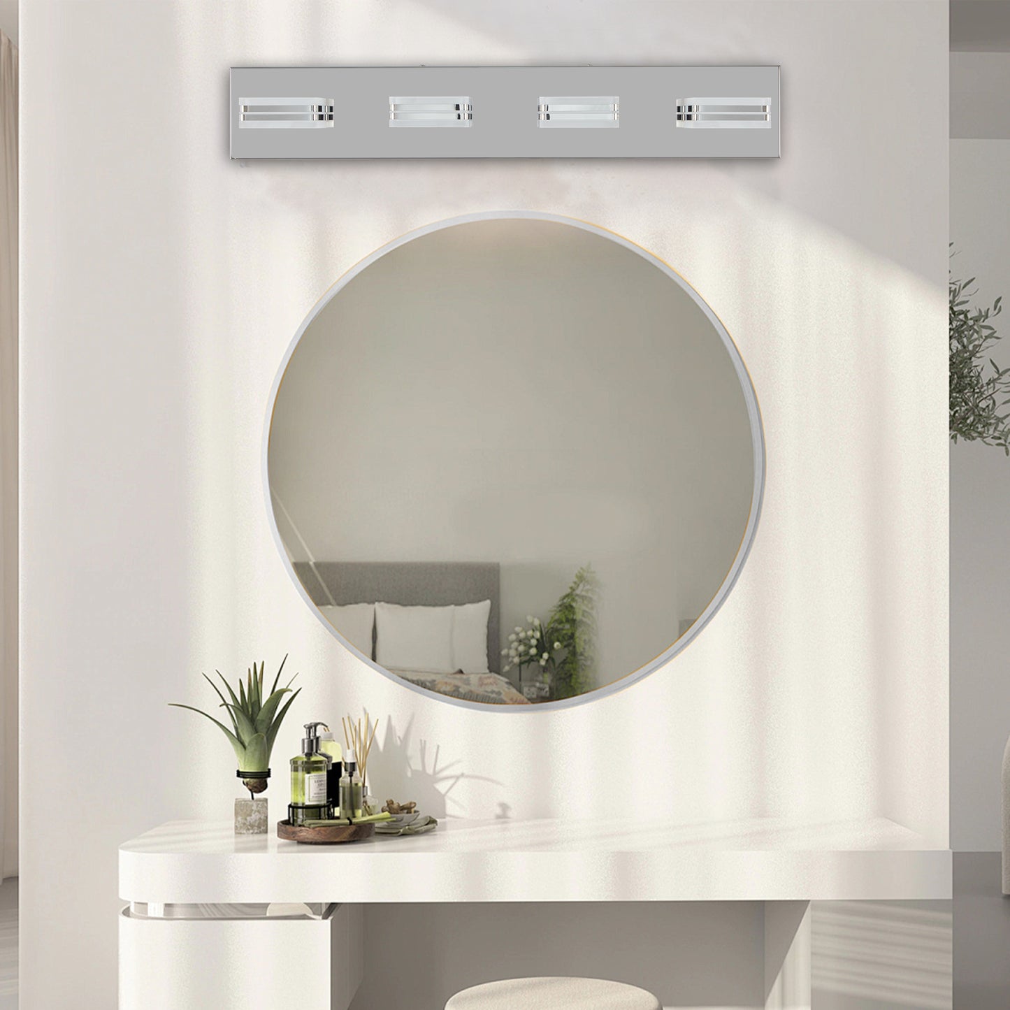26  Modern Chrome 4-Light LED Vanity Light, Square Acrylic Lampshades Wall Mount Fixture For Bathroom, Mirror Lighting