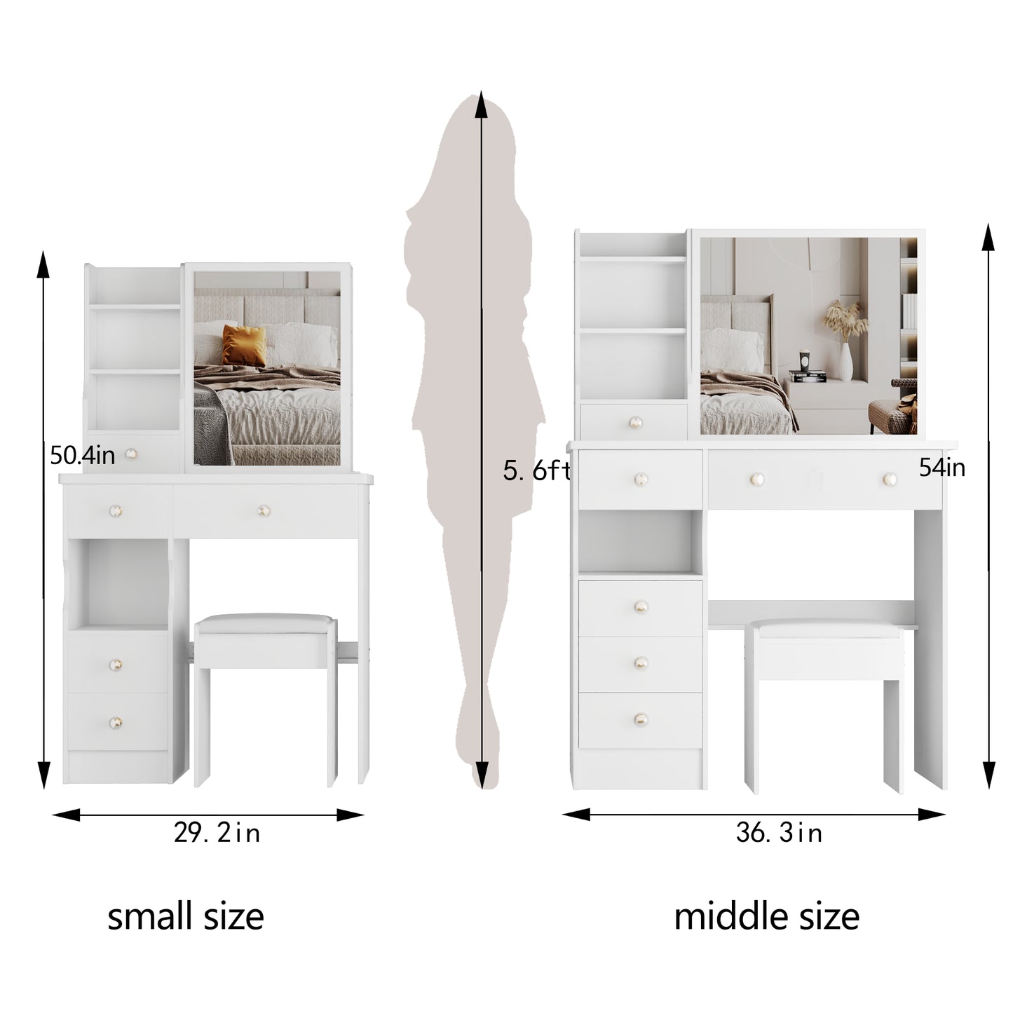 37 Middle Size Left Drawer Desktop Vanity Table  Cushioned Stool, Extra Large Right Sliding Mirror, Multi Layer High Capacity Storage, Practical Fashionable Dresser, Suitable For Large Space