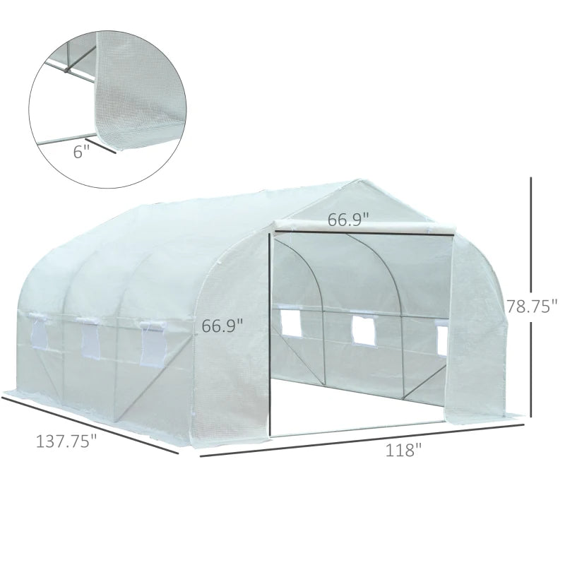 Outdoor Walk-in Greenhouse, Tunnel Green House With Roll-up Windows, Zippered Door, PE Cover, Heavy Duty Steel Frame, White