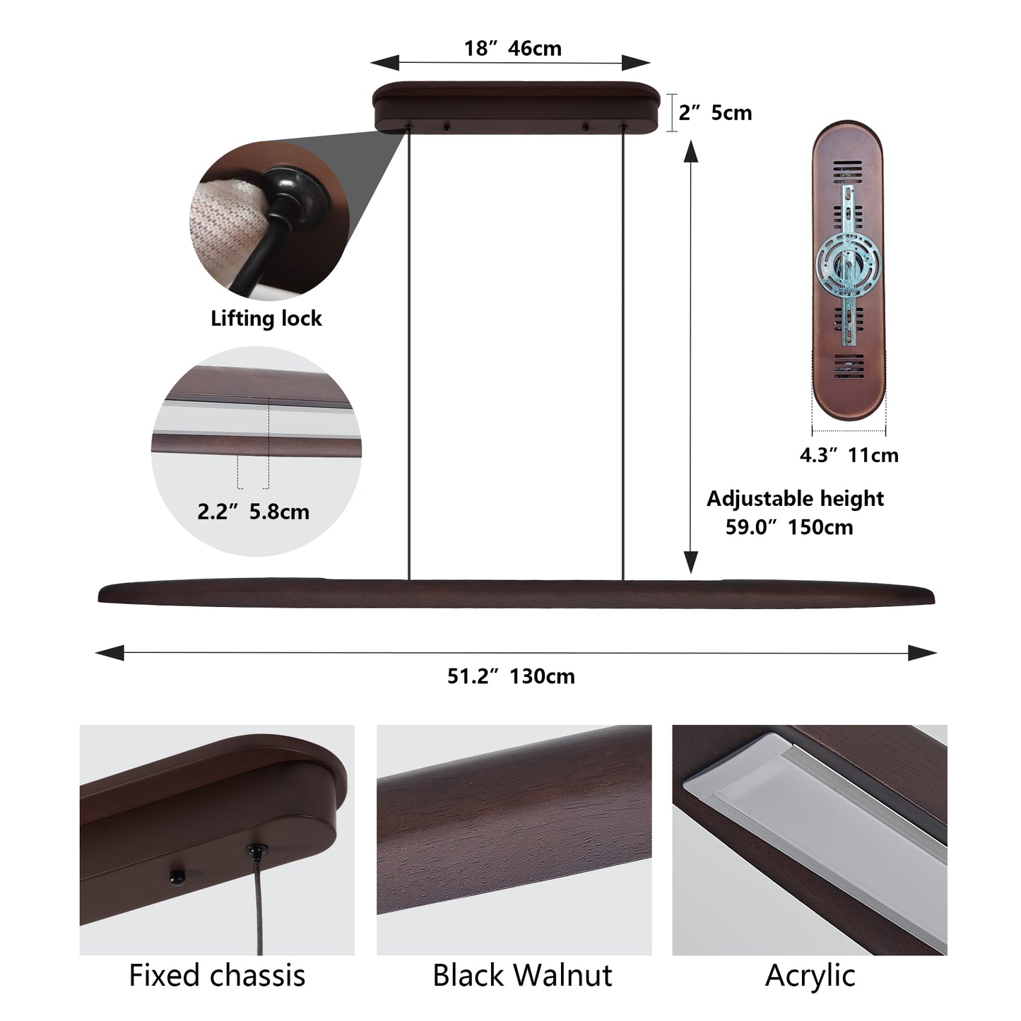 51-inch Streamline Wooden LED Pendant Light With Remote Control, Adjustable Hanging Light For Dining Room, Kitchen, Living Room  Contemporary Walnut Wood Finish