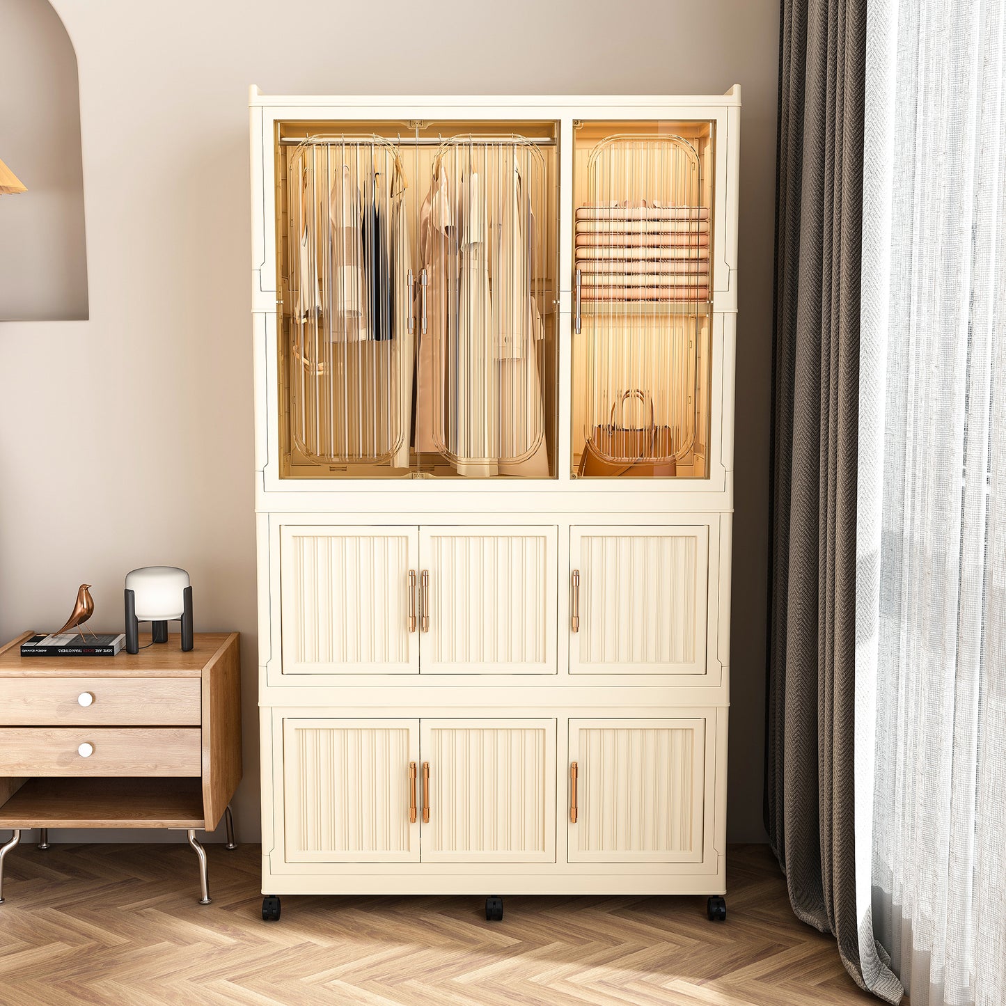 Portable Wardrobe Closet Storage Organizer For Clothes,Clothes Dresser,9 Magnetic Doors-9 Cubes & 1 Hanging Rod,6 Pcs Hangers , Baby Wardrobe Storage Cabinet,White