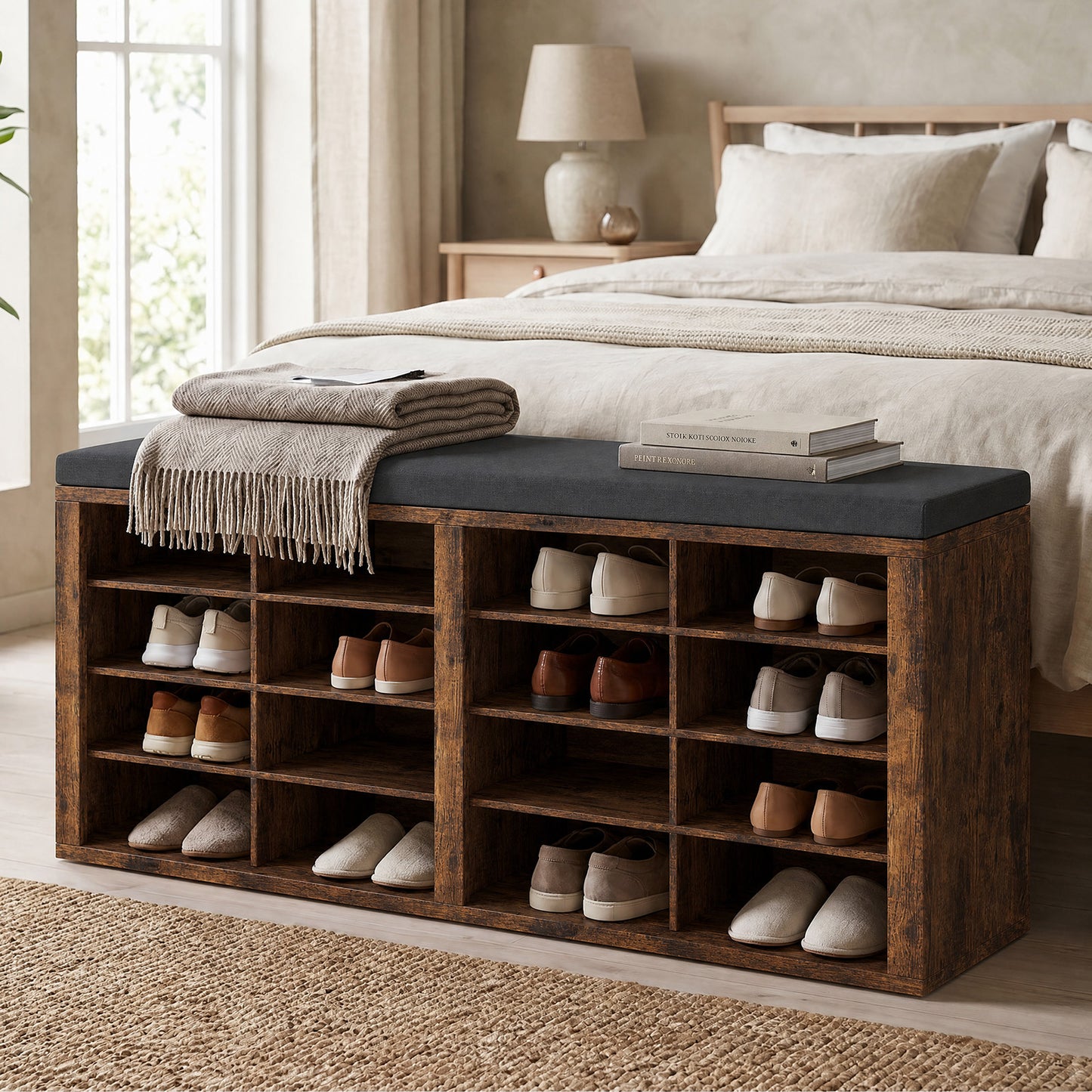 Shoe Storage Bench With Cushion 16 Cubby Shoe Rack Multifunctional Shoe Organizer Bench For Entryway Hallway Living Room Bedroom