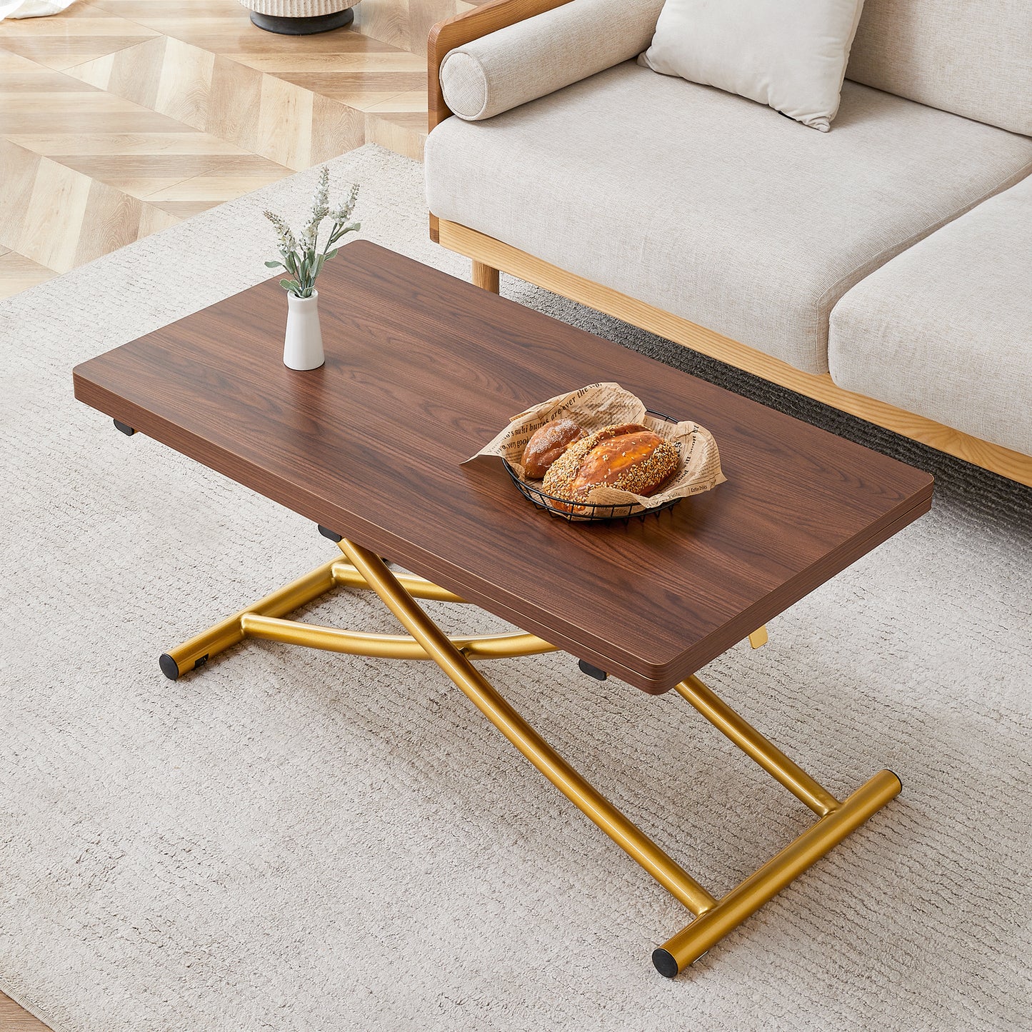 Modern Minimalist Multifunctional Lift Table With 0.8 Inch Thick MDF Desktop And Golden Metal Legs,can Be Used As A Dressing Table, Coffee Table, Dining Table, And Office Table.Walnut Textured Desktop