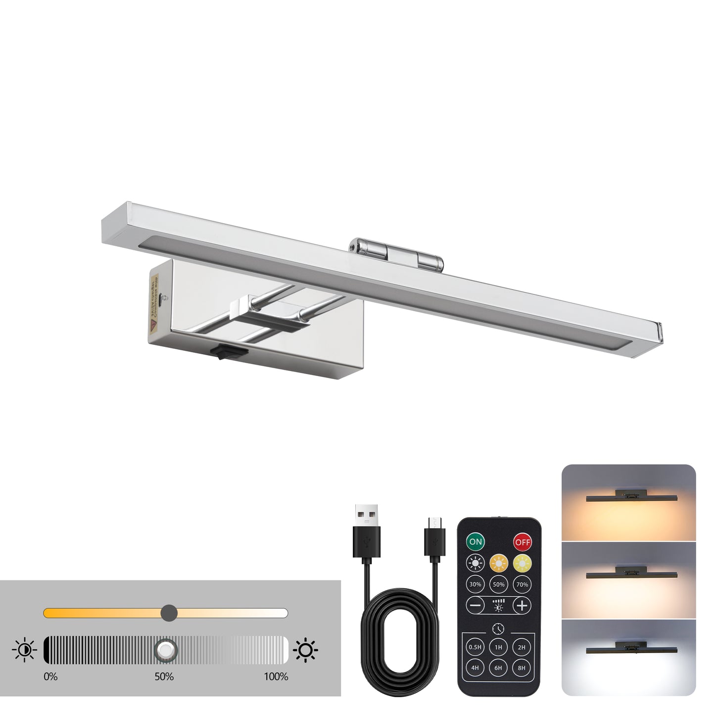 Battery Picture Light, 16 Inch Wireless Picture Light For Painting With Remote,Full Metal Rechargeable Art Light,Wall Sconce Display Lighting For Portrait, Photo Frame,Gallery, Chrome
