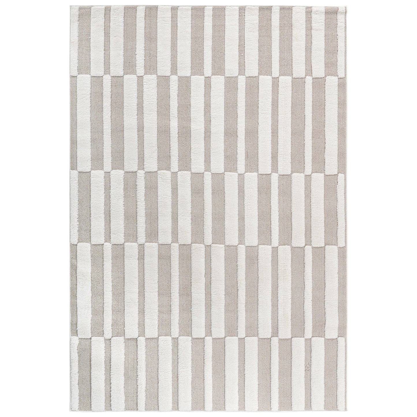 Step Collection High-Low Striped Beige Cream Indoor Area Rug , Modern, Contemporary, Geometric, Bohemian, Bedroom, Kitchen, Living Room, Non Shedding Carpet