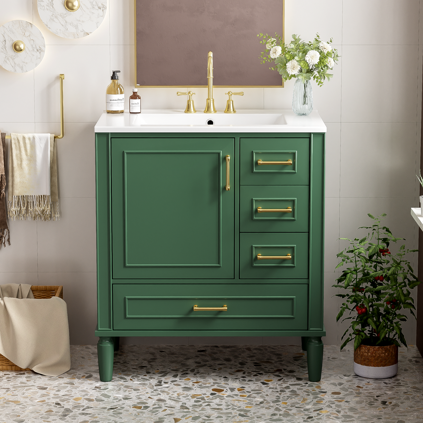 Traditional 30  Green Bathroom Vanity Set, Floor Standing, With Three Drawers, Soft Close Doors, With Long Gold Metal Handles - Perfect For Small Bathrooms
