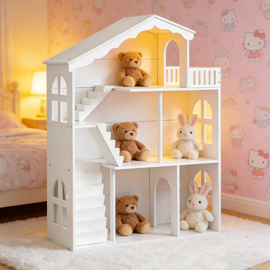 Kids Dollhouse Bookshelf 3 Tier Open Design Wooden Toy House Bookcase For Children Aged 3 And Above