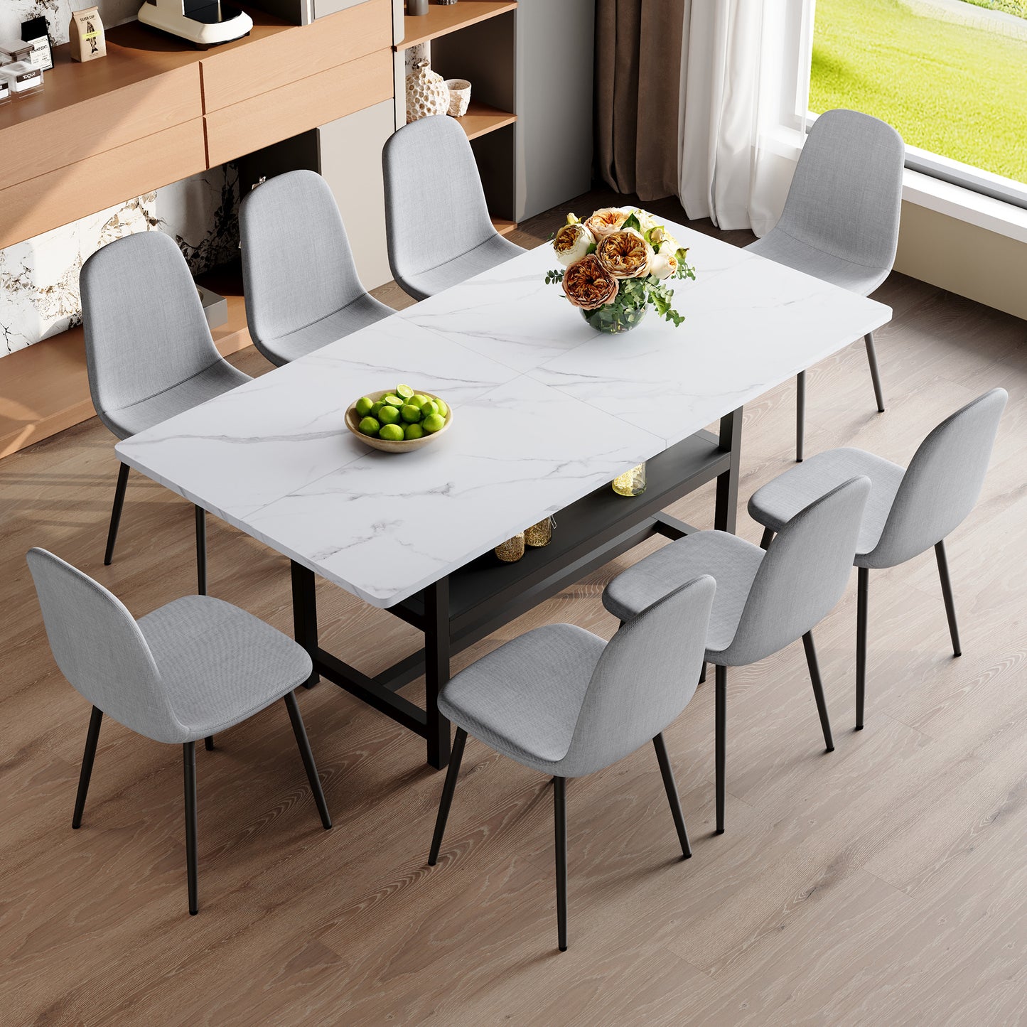 Table And Chair Set.71x35.4 Inch White Grain Spliced Dining Table With Storage Function In The Middle Of The Table Legs.Paired With 8 Light Gray Linen-Cotton Material High Resilience Dining Chairs.