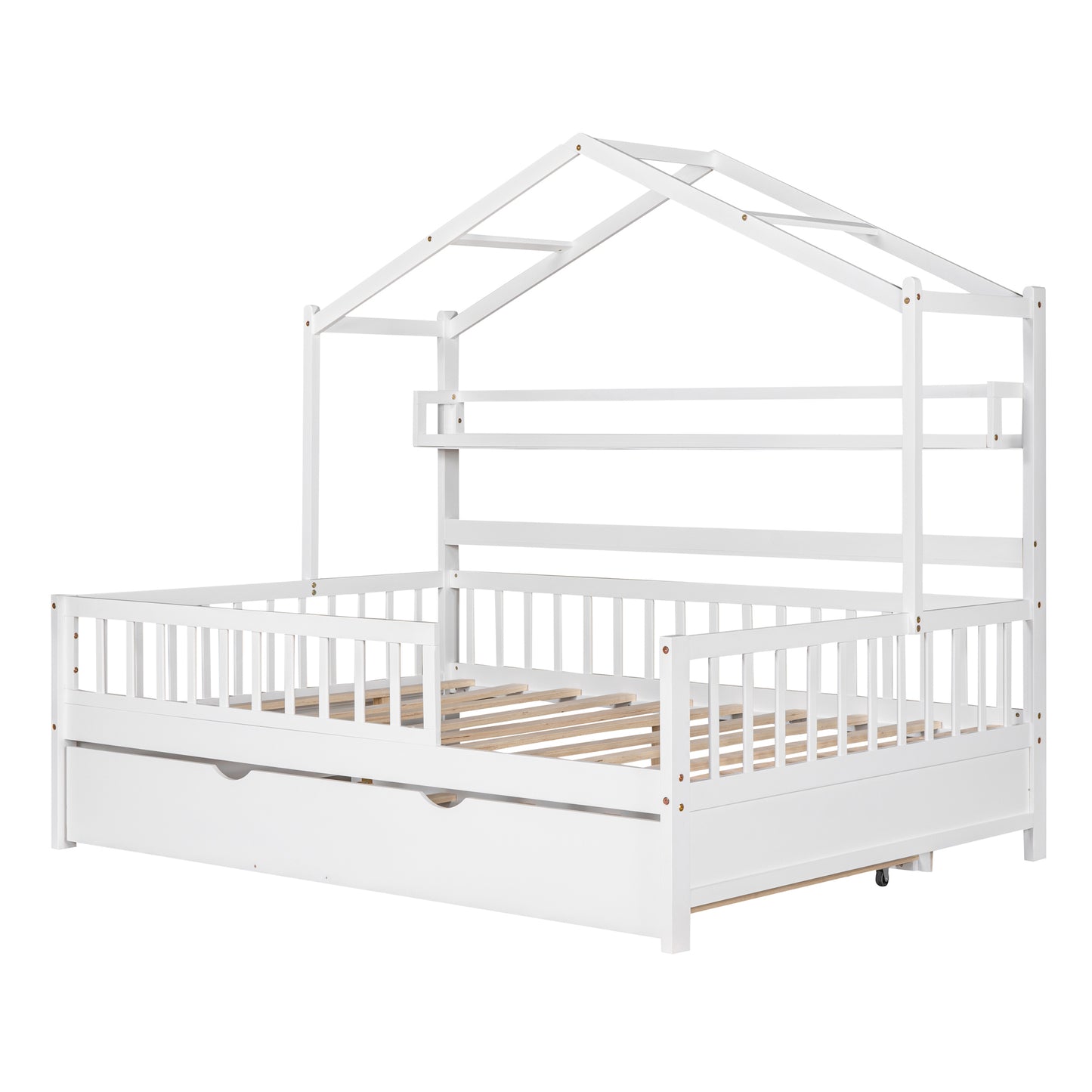 Wooden Full Size House Bed With Twin Size Trundle,Kids Bed With Shelf, White Old