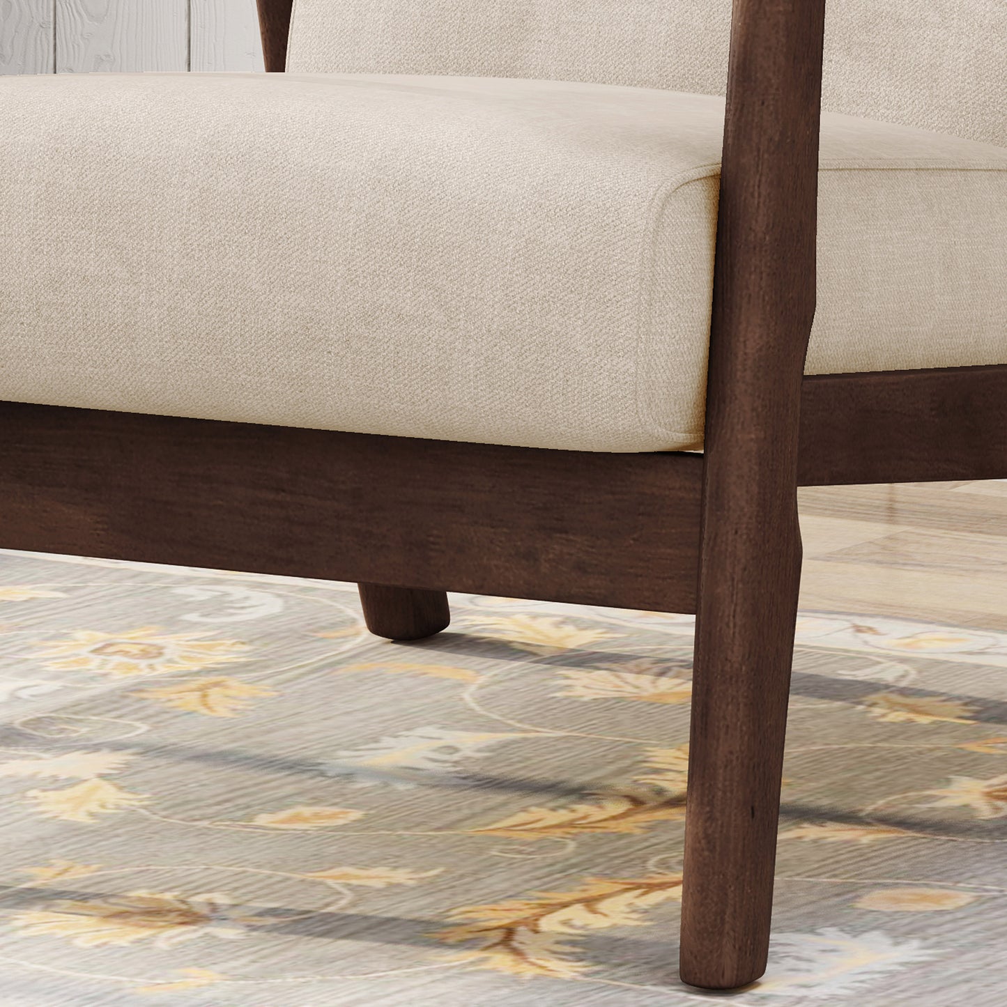 Mid-Century Modern Accent Chair, Tufted Armchair With Beige Upholstery And Brown Frame, 1-Piece