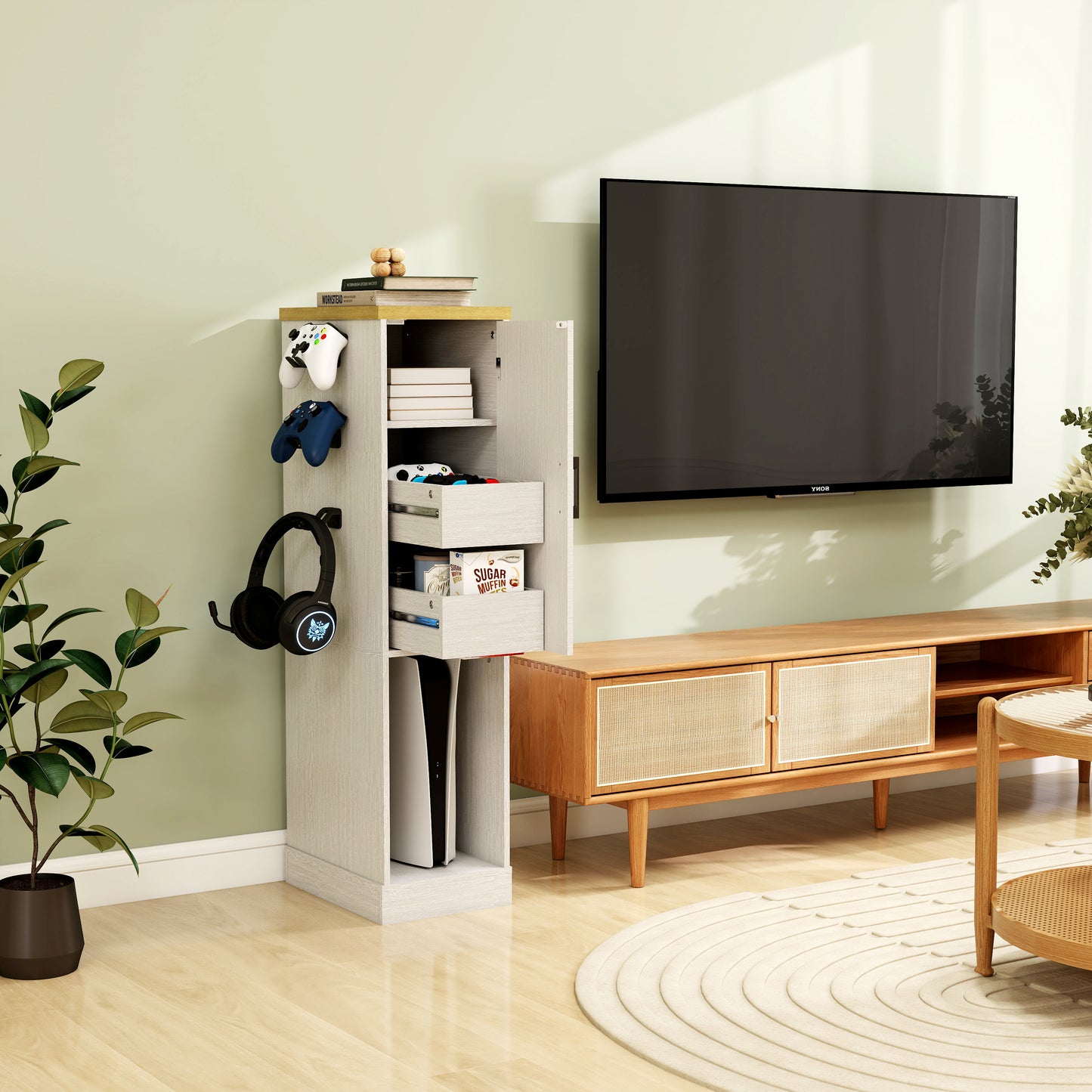 44.49  Slim AV Media Stand Game Console Stand, Media Storage Cabinet With 2 Built-in Drawers And 3 Hooks, Game Console Storage Cabinet For PS5 And Xbox-Antique White