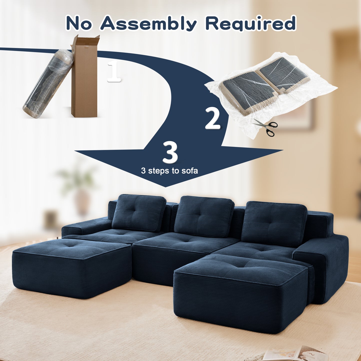 117 Modern U-Shaped Modular Sectional Sofa For Living Room, Corduroy Fabric, 3-Seater Couch With Deep Seat And Movable Ottoman,Pearl-like Piping, Tufted Design,No Assembly, Anti-slip Design,Blue